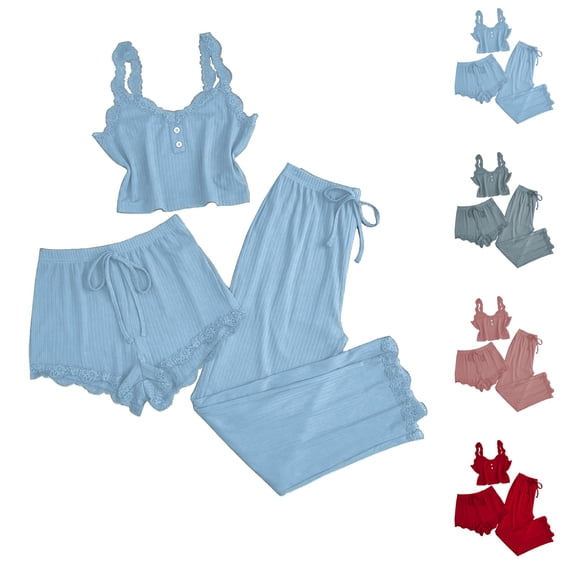 Harpily 3 Piece Womens Pajama Set Lace Trim Top with Spaghetti Strap Shorts and Long Pants Sleepwear Loungewear Suit L