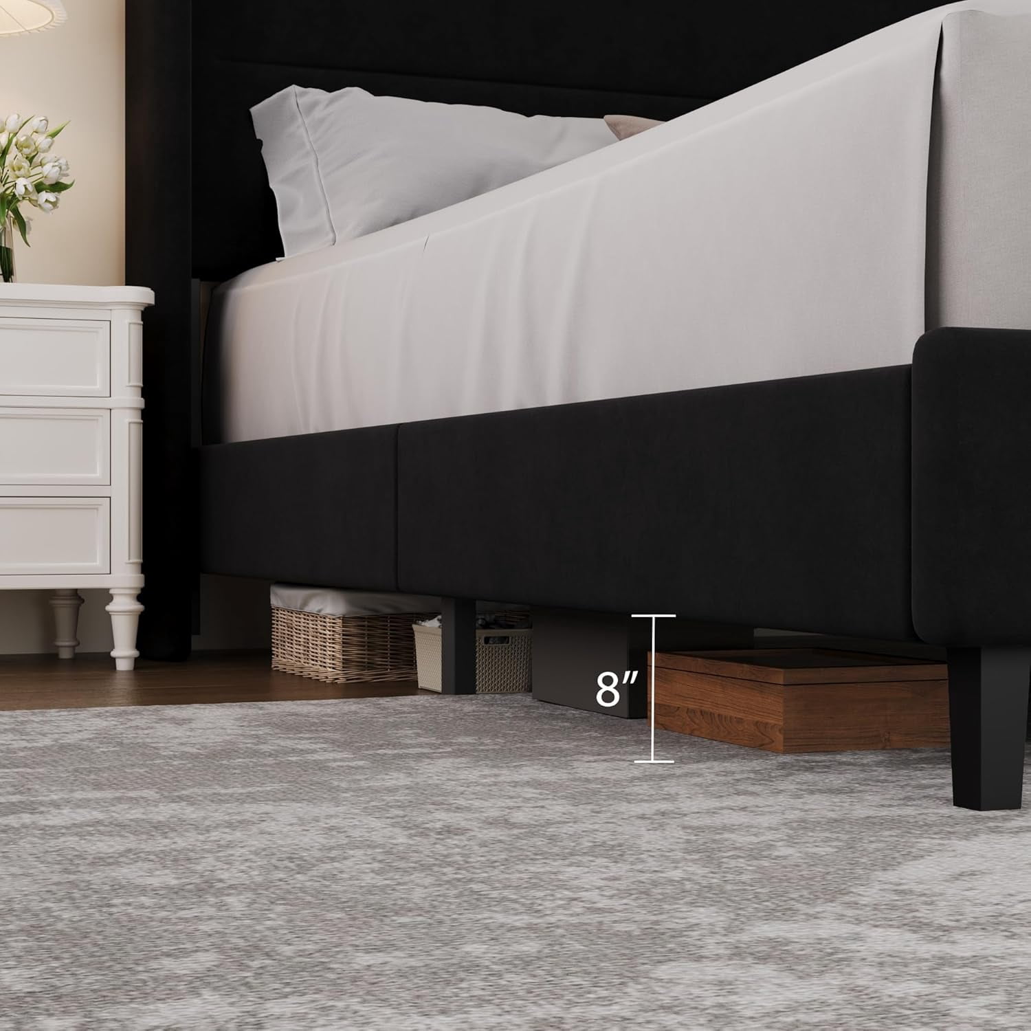 IDEALHOUSE Full Size Bed Frame with Wingback Headboard, Velvet Upholstered Platform Bedframe with Wood Slats, No Box Spring Needed, Easy Assembly, Black