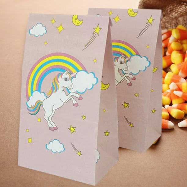 12 bolsas de regalo de papel con diseño de caballo de dibujos animados, bolsa de caramelos de arcoíris, suministros para fiestas de cumpleaños