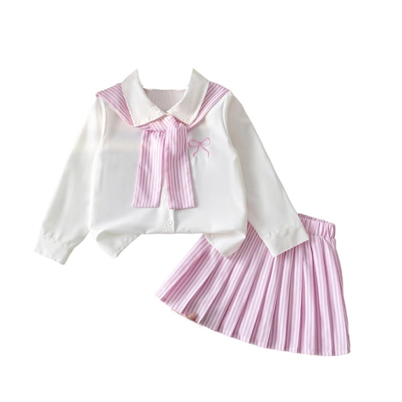 Girls Korean Style 3‑Piece Outfit Embroidered Bow Long Sleeve Blouse Striped Pleated Skirt with Sailor Shawl Fashion Preppy Set for Campus Outdoor Daily Casual Wear(Pink,3-4 Years)