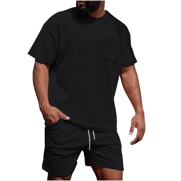 UVEASISHA Mens Summer Short Set 2 Piece Outfits T Shirt and Shorts with Tracksuit Set with Pocket Casual Athletic Suits Black XXL