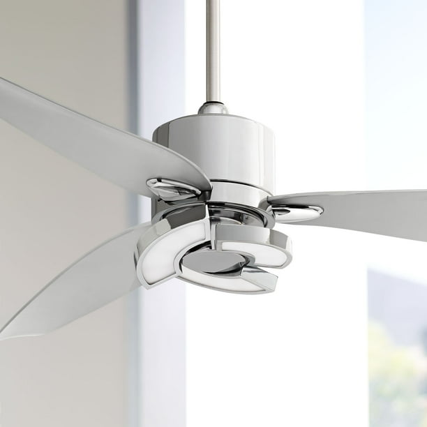 56" Possini Euro Design Modern Ceiling Fan with Light LED Remote Control Chrome Curved Blades ...