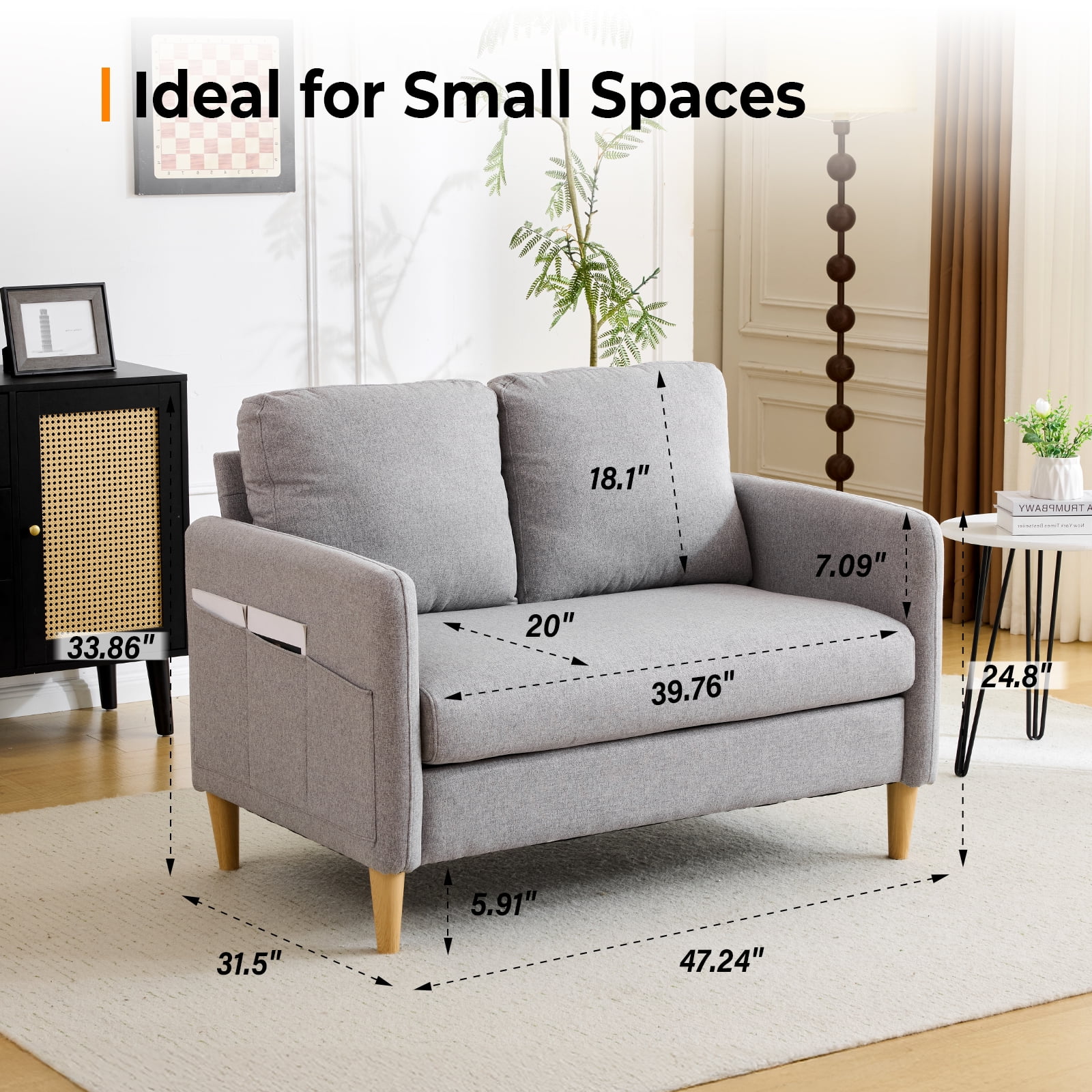 Ktaxon Loveseat Sofa with Side Bags 47" 2-Seat Small Couch with Wood Legs for Living Room Bed Room Light Gray
