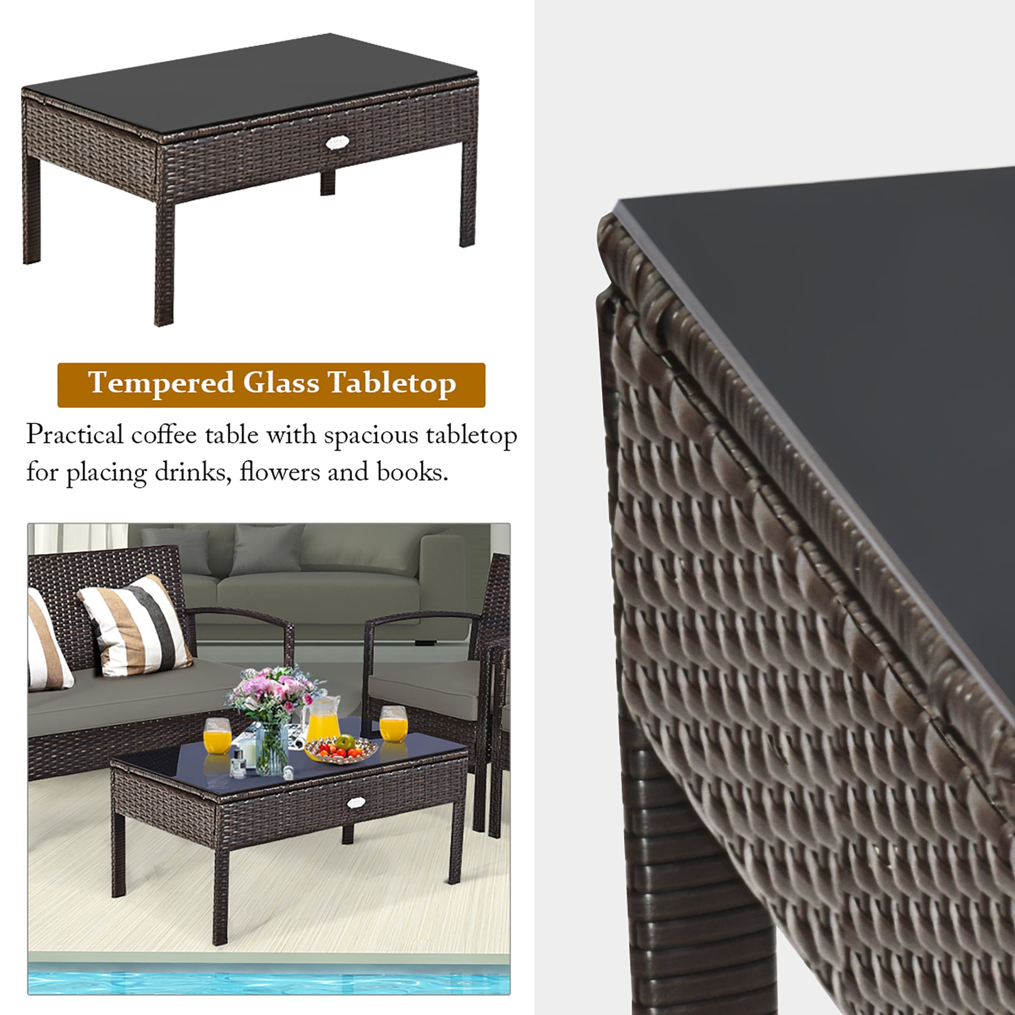 Costway 4PCS Patio Rattan Wicker Furniture Set Loveseat Sofa Cushioned Garden Yard Brown