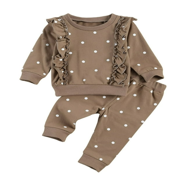 Infant Baby Girl Fall Winter Outfit Long Sleeve Ruffle Dots Sweatshirt and Pants Sweatsuit Tracksuit 2PCS Clothes Coffee 3-6 Months
