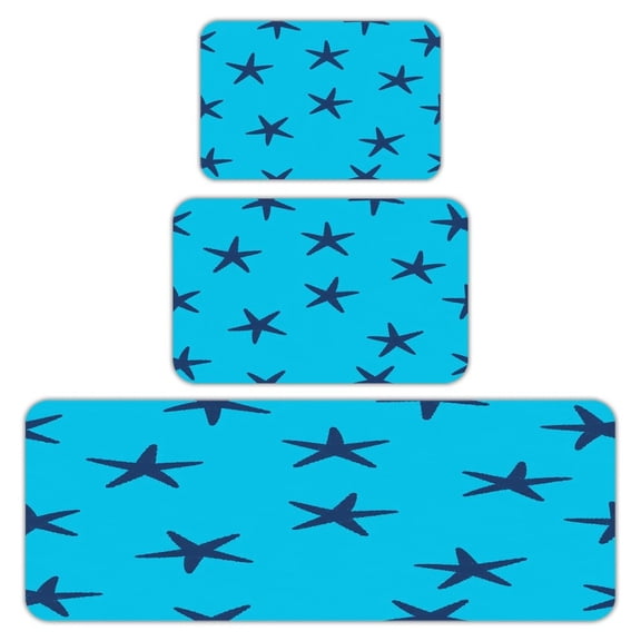 RKSupls Kitchen Rug Set 3 Piece Anti-Slip Flannel Floor Mats, Starfish Pattern Blue Washable Absorbent Runner Mats for Kitchen Bathroom Home Decor