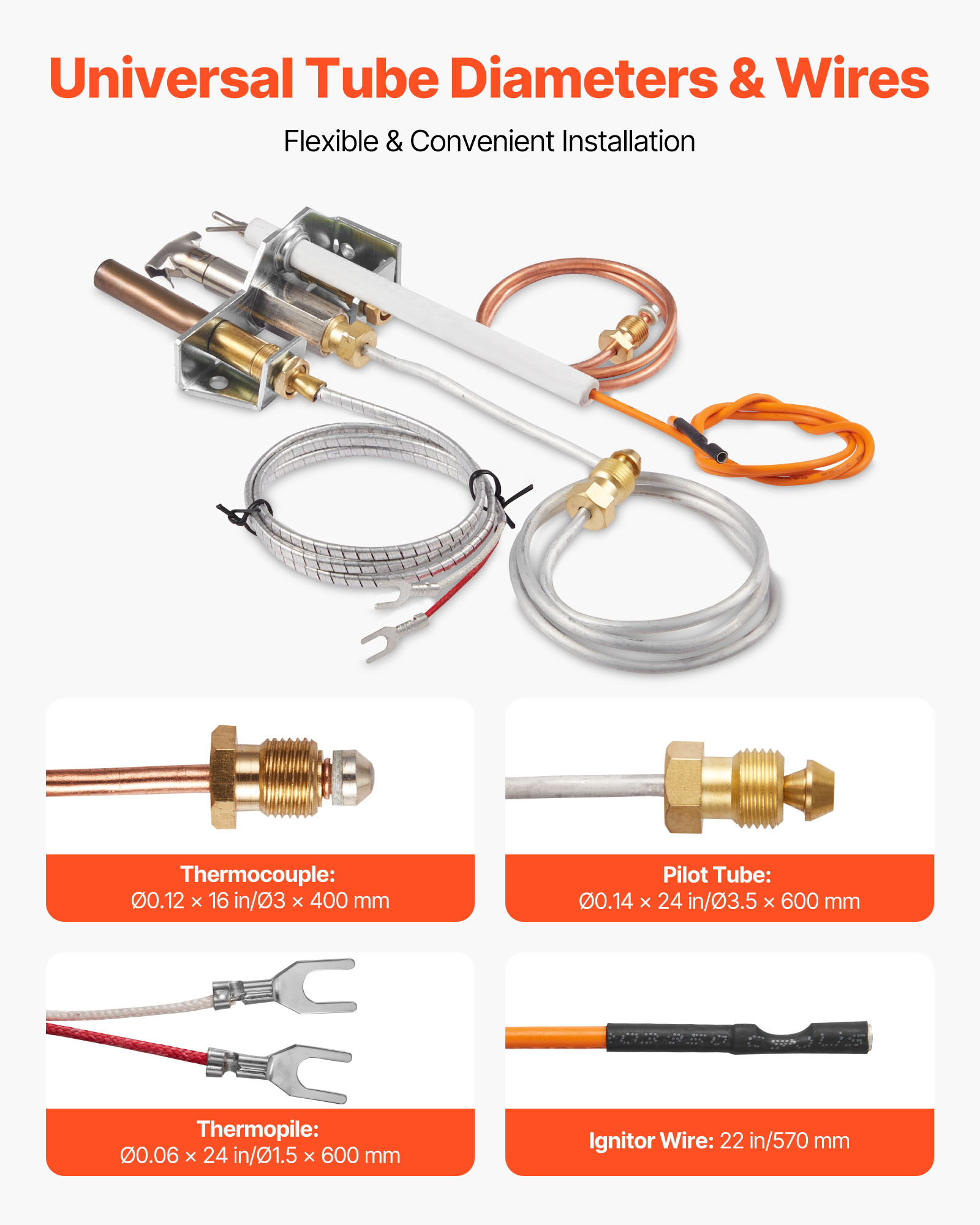 VEVOR Gas Pilot Assembly, OE 4021-732, 25660 Fireplace Gas Pilot Assembly, Natural Gas Ignition Replacement with Pilot Tube, Thermocouple, Thermopile, Wires, Compatible with Heatilator Models