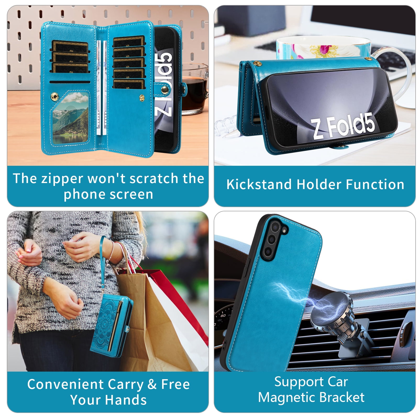Asuwish Phone Case for Samsung Galaxy Z Fold 5 5G 2023 Zipper Wallet Cell Cover Crossbody Strap Flower Flip Card Holder ZFold5 Z5 G Fold5 ZFold 5Z Women Blue