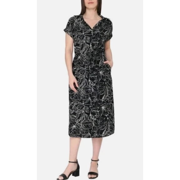Jewel Badgley Mischka Women's Short Sleeve Button Front Floral Midi Dress