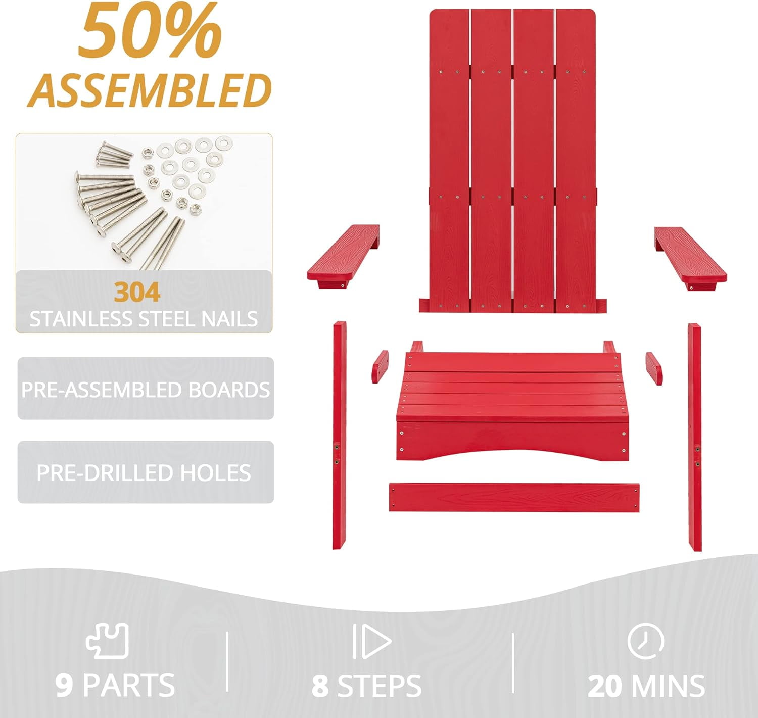 Dycanpo Folding Adirondack Chairs Set of 8, Hdps Poly Modern Outdoor Chair Weather Resistant, Red