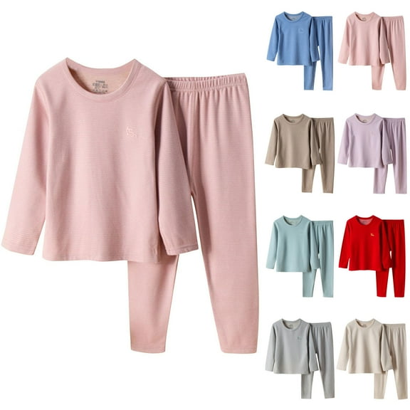 WRKEKC Kids Thermal Underwear Set 2-13 Years Cationic Striped Crew Neck Top and Pants Two-Piece Warm Winter Set