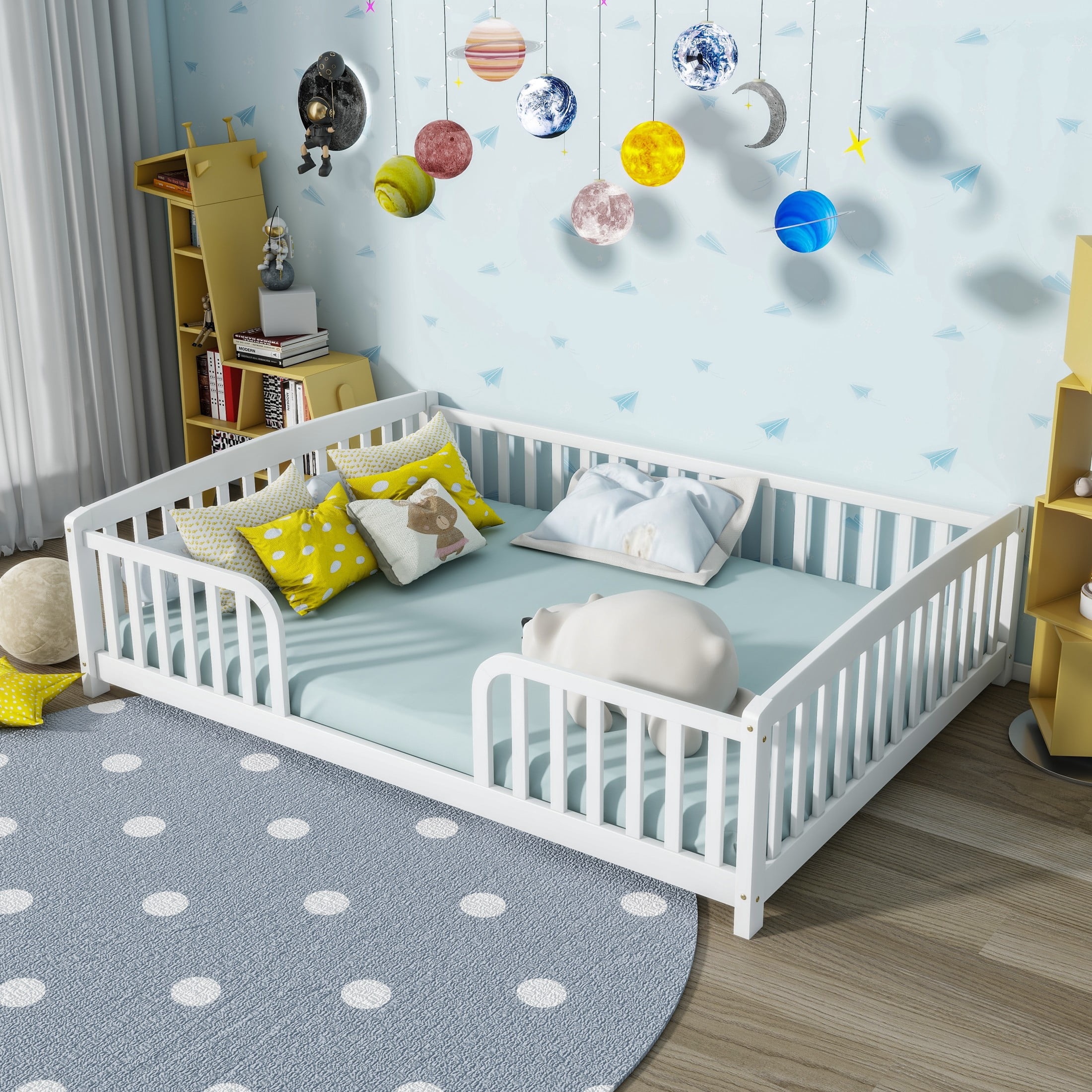 Alvantor Full Size Floor Bed with Entrance and Guardrails – Low Montessori Wood Bed Frame for Toddlers, White
