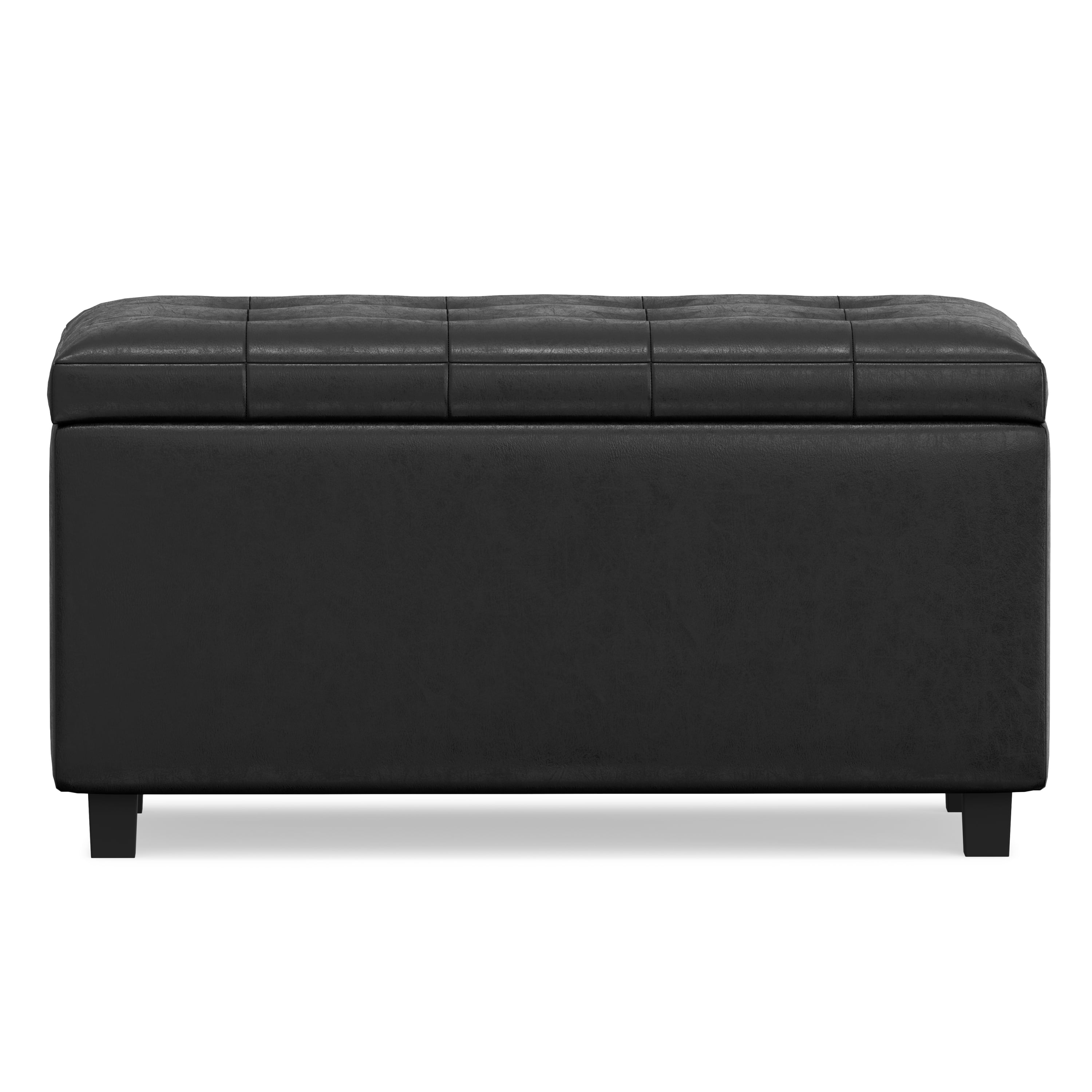 Simpli Home Cosmopolitan 34" Transitional Rectangle Ottoman in Black Faux Leather