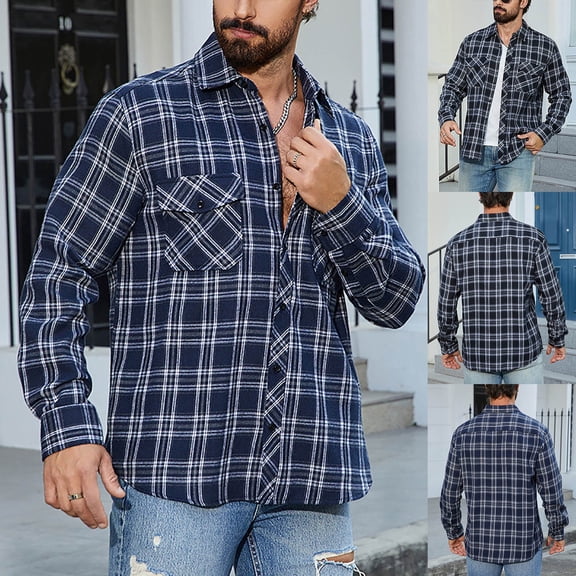 Hinvhai Mens Flannel Plaid Shirt Casual Long Sleeve Button Down Shirts with Pockets Navy XL(XL)