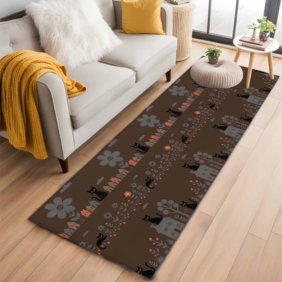 Japanese Style 2'x6' Runner Rugs for Hallway Kitchen Bedside Non Slip Washable, Farmhouse Brown Cat House Trees Flowers Entryway Rug Runners with Rubber Backing, Long Carpet Runner for Laundry Room