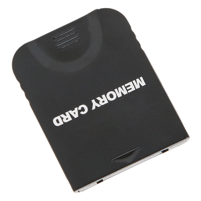 tarjeta de memoria para juegos, para tarjeta de memoria gamecube tarjeta de memoria gamecube tarjeta de memoria para consola gamecube diseñada para profesionales Vista frontal inclinada de una tarjeta de memoria GameCube negra con texto blanco "MEMORY CARD", carcasa ABS texturizada y borde metálico en el conector; especificada para alta velocidad y uso plug-and-play en consolas GameCube; a menudo usada como respaldo portátil para partidas.