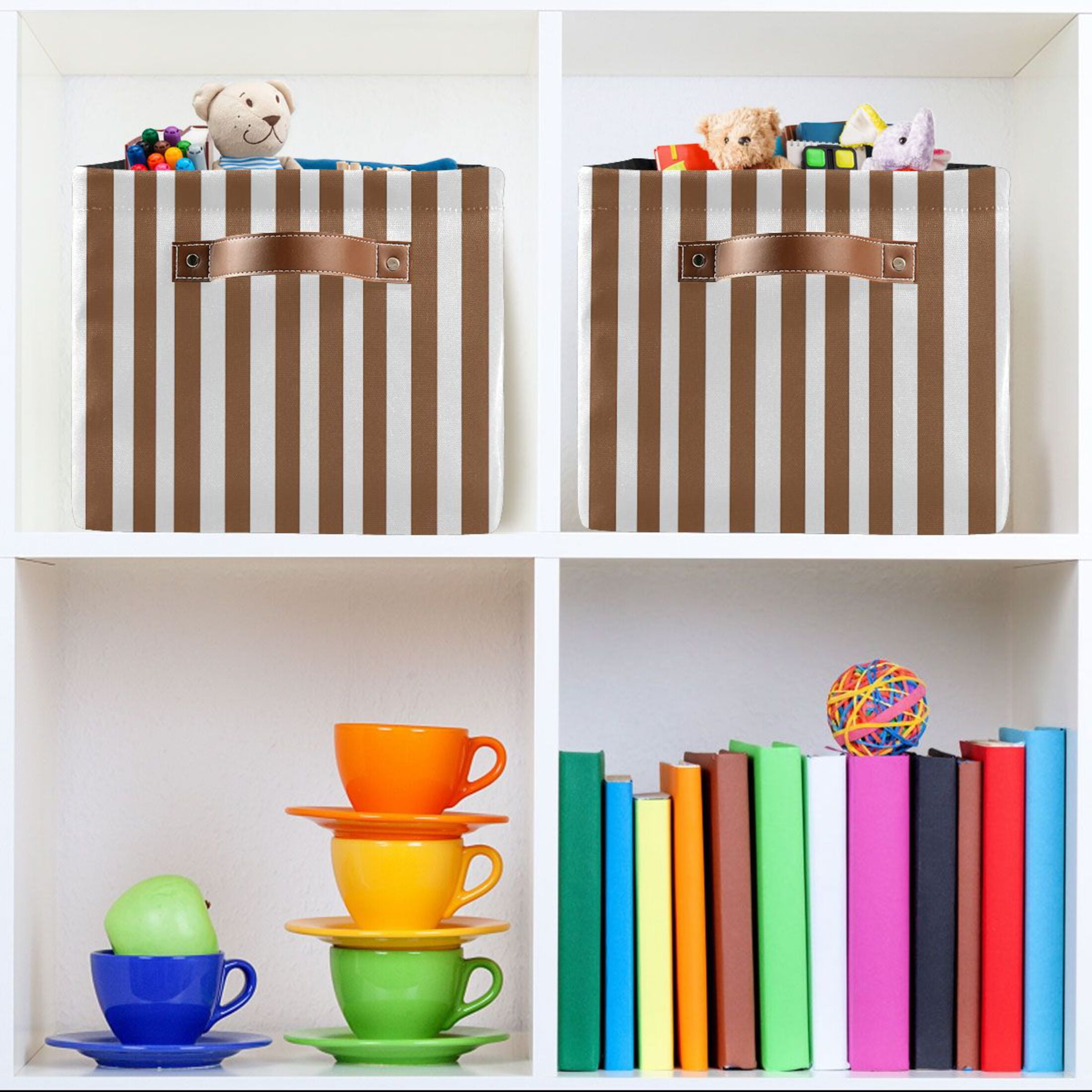 2 Pack Storage Bins with Handle Fabric Organizer Basket Foldable Box Brown and White Striped 14.2x10.2x8.3