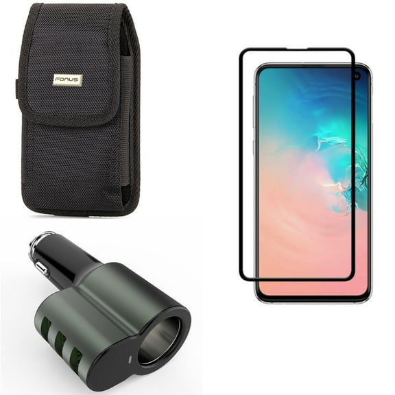 Galaxy S10e Car Charger w Screen Protector w Case Belt Clip - 25W 3-Port USB 5.1Amp, Tempered Glass 5D Curved Edge, Swivel Holster Rugged for Samsung Galaxy S10e Phone