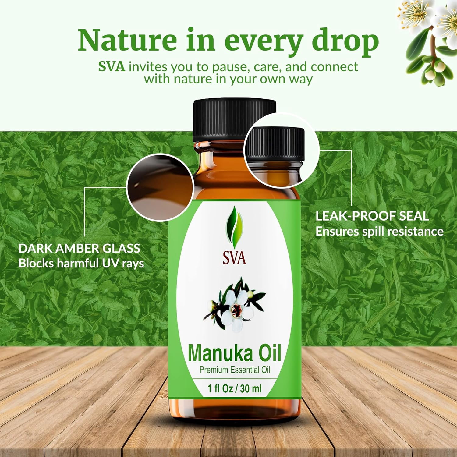 SVA Manuka Essential Oil – 1 Fl Oz – 100% Natural Manuka Oil - for Diffuser, Hair Care, Face, Skin Care, Aromatherapy, Scalp and Body Massage, Soap and Candle Making – with Dropper