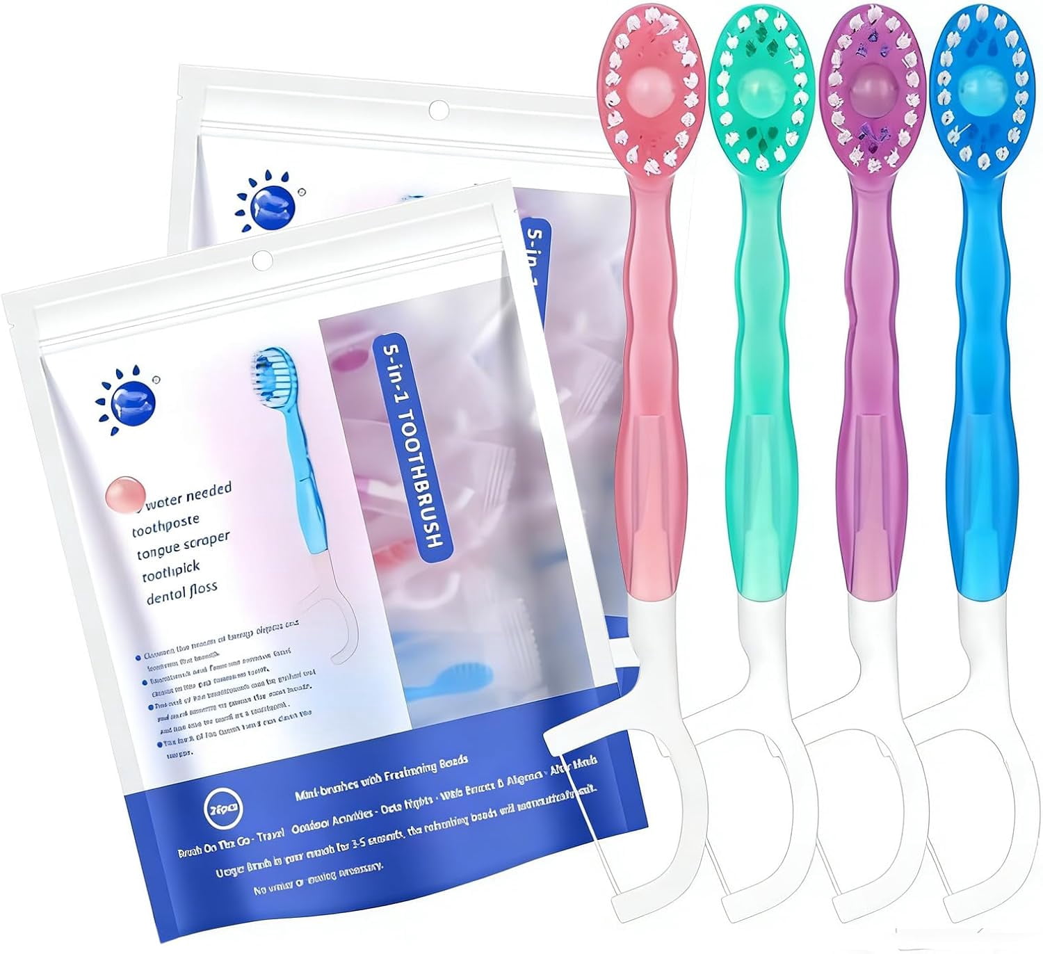 5-in-1 Mini Toothbrush & Floss,On The Go Toothbrush Disposable, Floss & Tongue Scraper & Toothpick Set, Portable Oral Care for Travel Work
