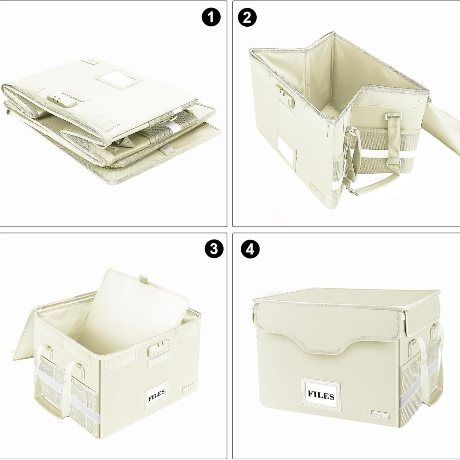 Fireproof Document Box with Lock,File Storage Organizer with Zipper Pockets,Collapsible Portable File Box Home Office Safe Filing Cabinet with Handle for Hanging Letter/Legal Folders,Beige