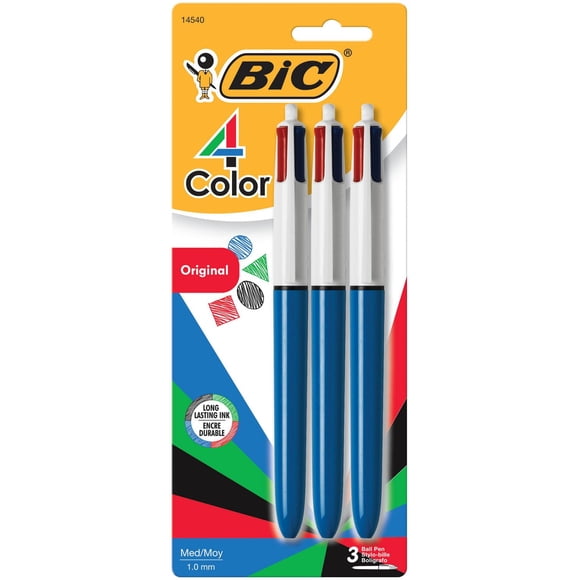 Stylos-billes rétractables BIC 4 couleurs Original, pointe moyenne (1,0 mm), paquet de 3, stylo-bille rétractable avec encre durable