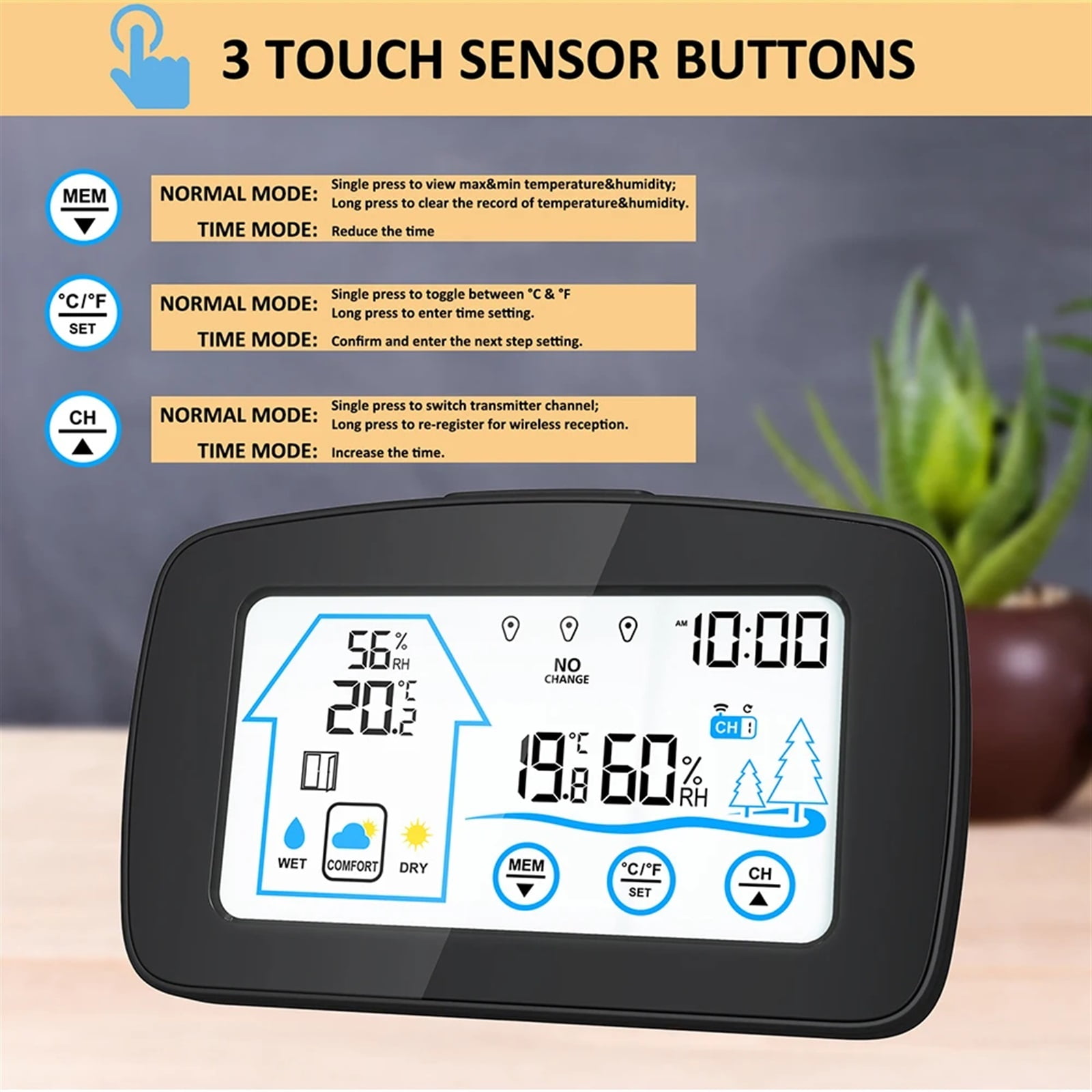 Touch Screen Temperature Humidity Monitor Wireless Indoor Outdoor Thermometer Hygrometer Digital Electronic Weather Wall Clock ,High Precision