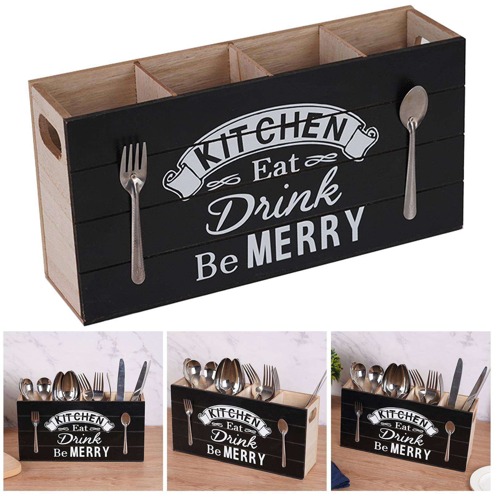 Fiocias Multifunction Wood Kitchen Cutlery Holder 4 Compartments Utensil Caddy Organizer