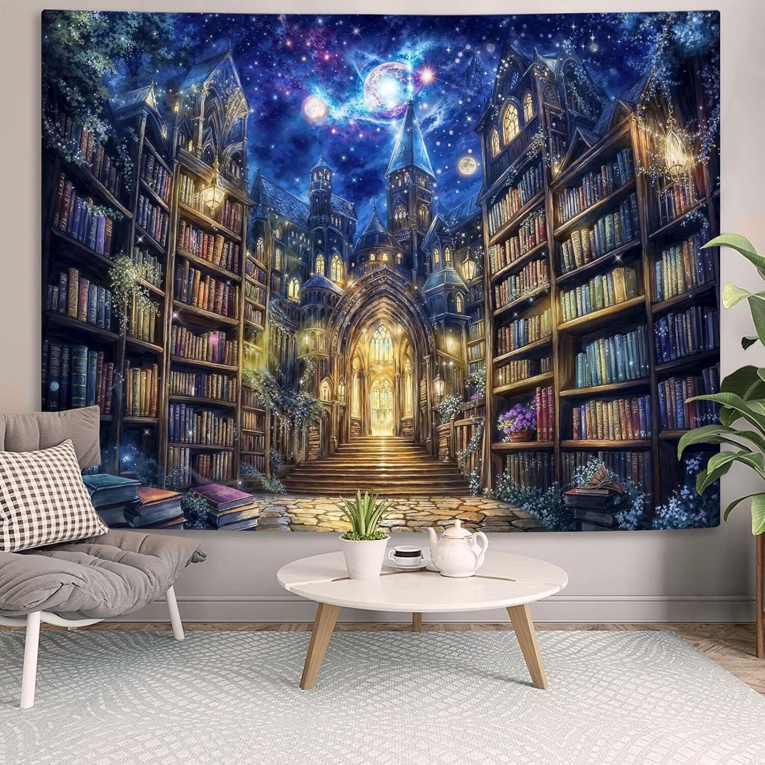 Medieval Bookcase Tapestry, Vintage Gothic Bookshelf Backdrop