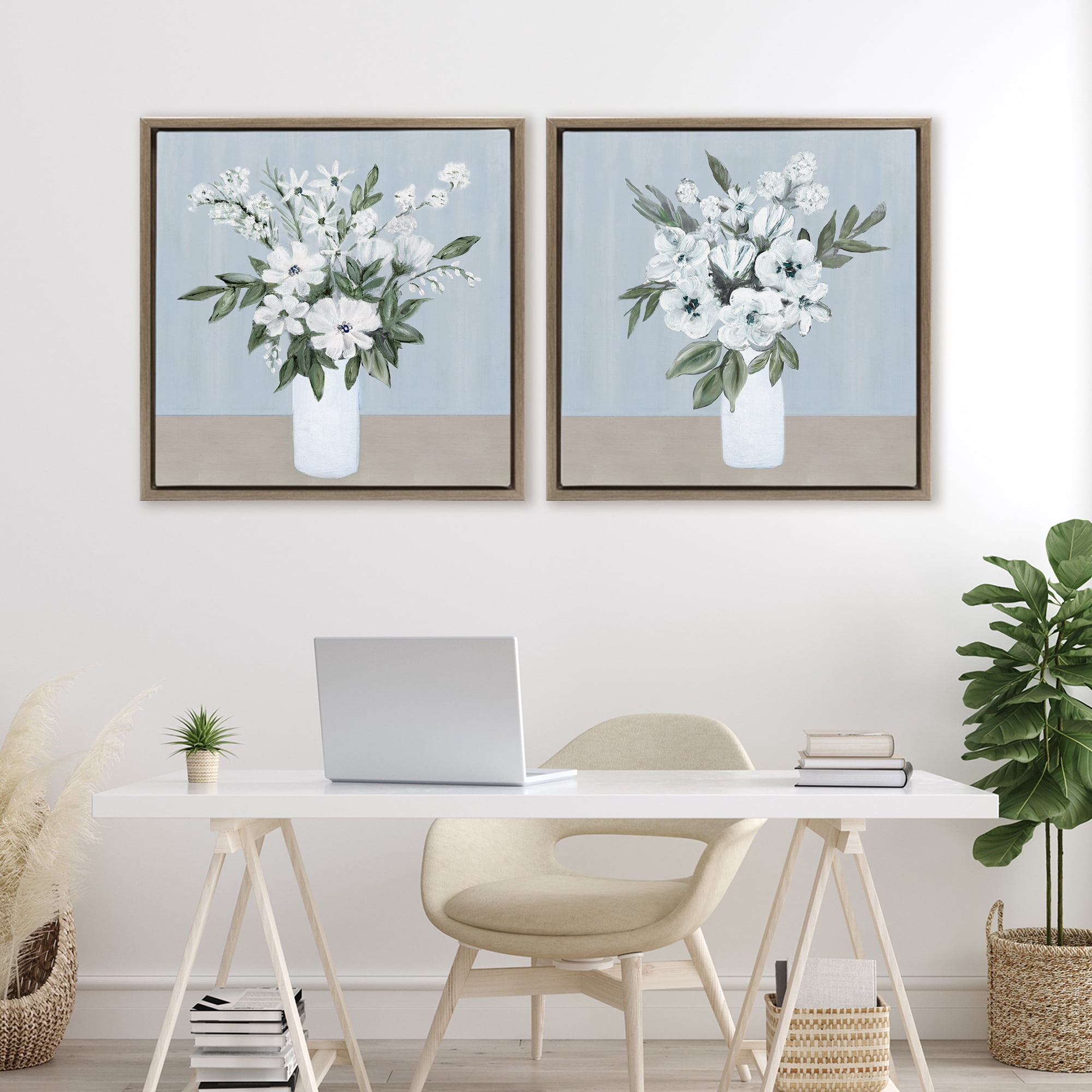 Stupell Industries Mixed White Blossoms 2 Piece Brown Framed Floater Canvas Set, design by Marilyn Dunlap