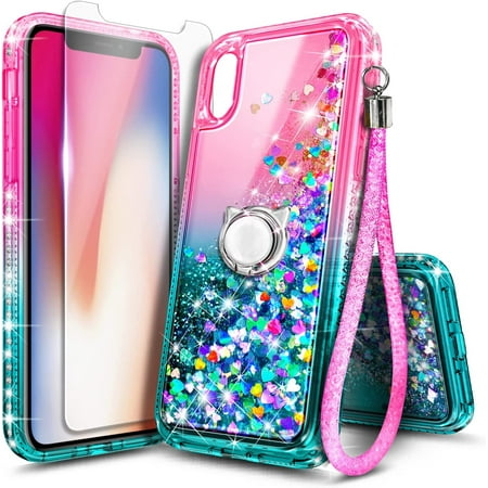Nagebee Case for iPhone Xs, iPhone X with Tempered Glass Screen Protector, Glitter Liquid Floating Gradient with Sparkling Bling Diamond, Durable Girls Cute Phone Case (Pink/Aqua)