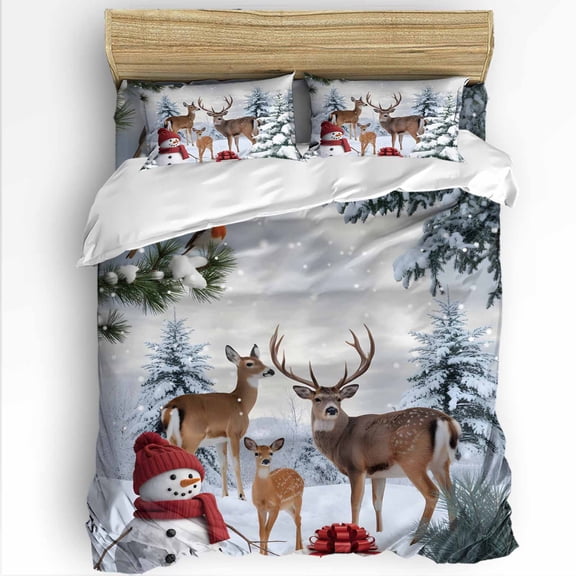 Christmas King Size Comforter Set, Winter Redsnowman Deer Pine Trees Nature Snow Scene Bedding for All Seasons, 4 Pcs Bed Set with 1Comforter (90"x106") ,1 Sheet(94"x116"), 2 Pillowcases (19"x35")