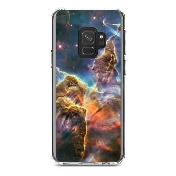 DistinctInk Clear Shockproof Hybrid Case for Samsung Galaxy S9 (5.8" Screen) - TPU Bumper, Acrylic Back, Tempered Glass Screen Protector - Blue Yellow Orange Carina Nebula - Astronomy