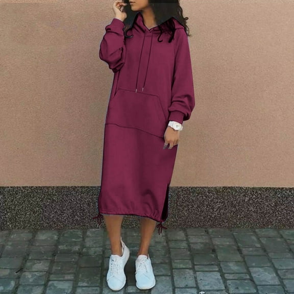 Women's Fall Sweatshirt Dresses Casual Long Sleeve Loose Pullover Hoodies Drawstring Split Hem Midi Dress With Pocket Zip Womens Small Sweatshirt Hoodie Holiday Staples Women Womens Comfy Hoodies