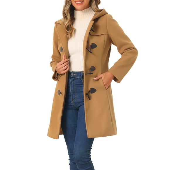 Unique Bargains Women's Hooded Toggle Button Up Duffle Coat Winter Outwear Camel M