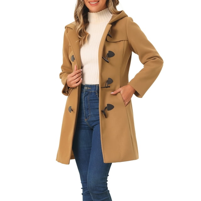 Abrigo de mujer INSPIRE CHIC de color sólido con botones de palanca, completamente forrado y con capucha en color camel