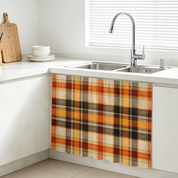 Orange Grid Cabinet Curtains for Kitchen 11"Wx13"L, Fall Minimalist Orange Gray Plaid Stripes Modern Country Vanity Cabinet Curtains Magic Tape Short Curtain Decor Privacy Panel for Bathroom Laundry