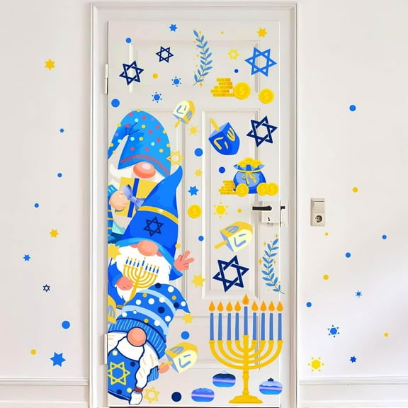 2 Sheets Hanukkah Window Clings Chanukah Static Window Stickers Blue-Gold Menorah Star Gnome Decor Festival Decorations for Home Office Store Glass Holiday Decoration 11.8x35.5 Inch