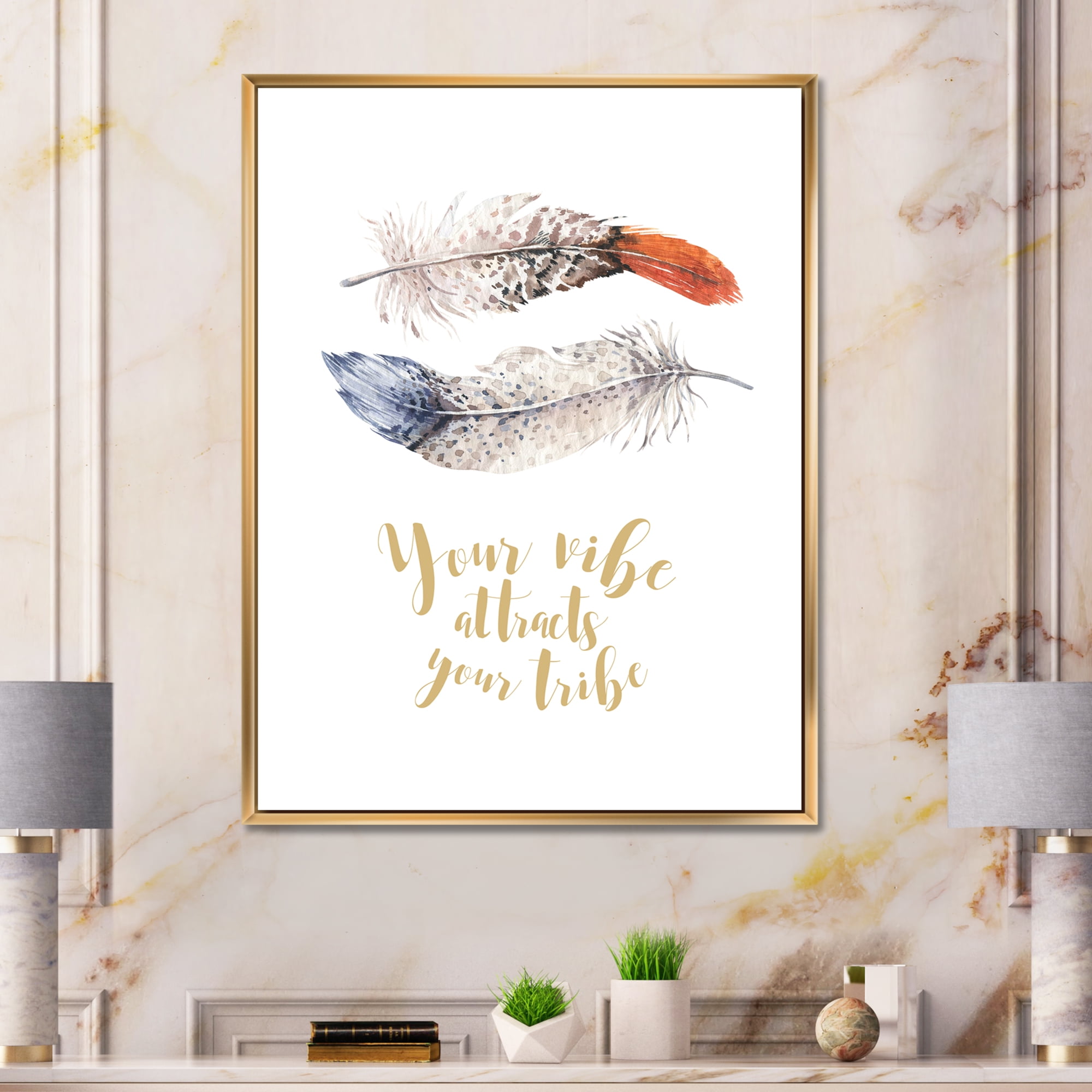 Designart 'Your VIbe Attracts Your Tribe Two Feathers ' Bohemian & Eclectic Framed Canvas Wall Art Print