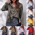 thumbnail image 2 of Luwomo Women's Shirts Satin Silk Long Sleeve Lapel Button Pure Color Regular Tops, 2 of 7