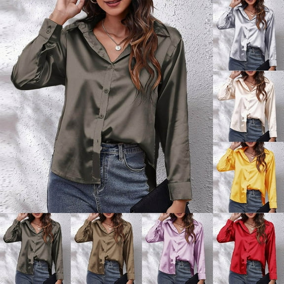 Women's Long Sleeve V-Neck Satin Silk Button Down Loose Tunic Office to Out Shirt