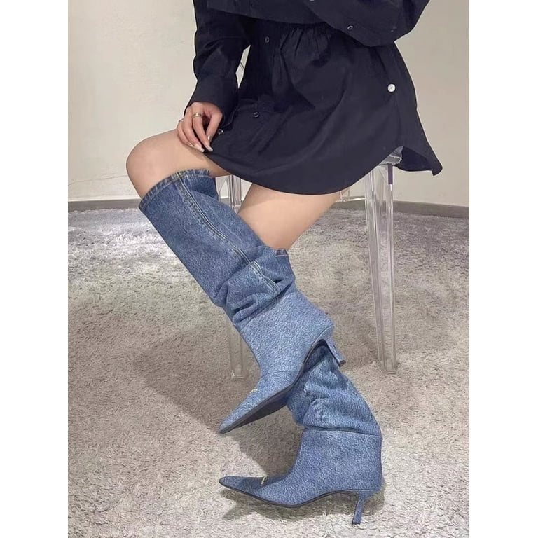 Vivianly Women's Denim Cowboy Boots - Pointed Toe Knee High Stiletto Heel Boots, Pull-On Design