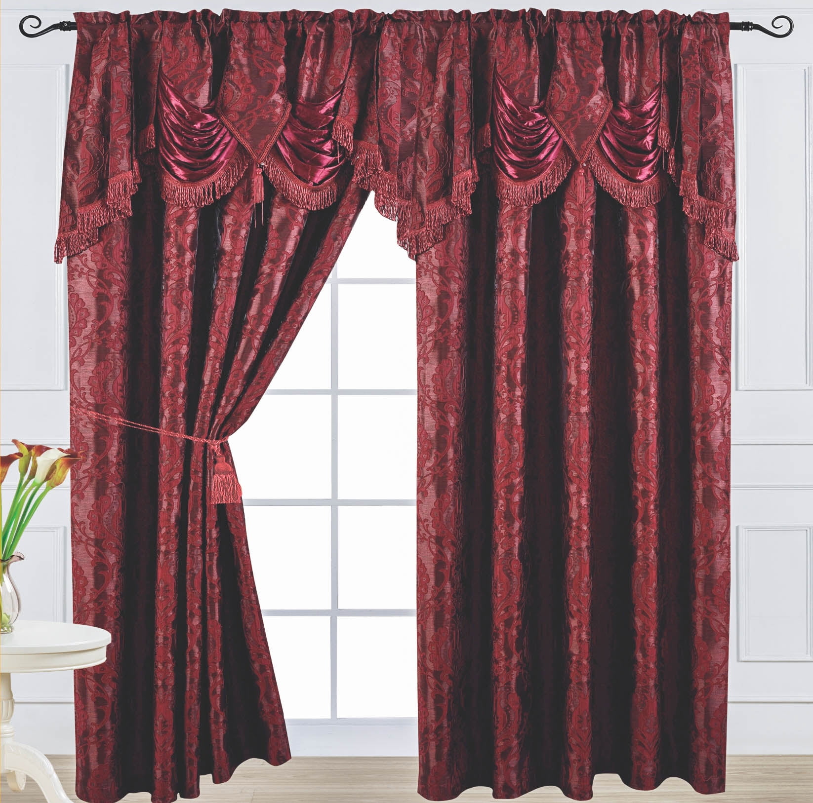 Luxury Jacquard Curtain Panel With Attached Waterfall Valance 54