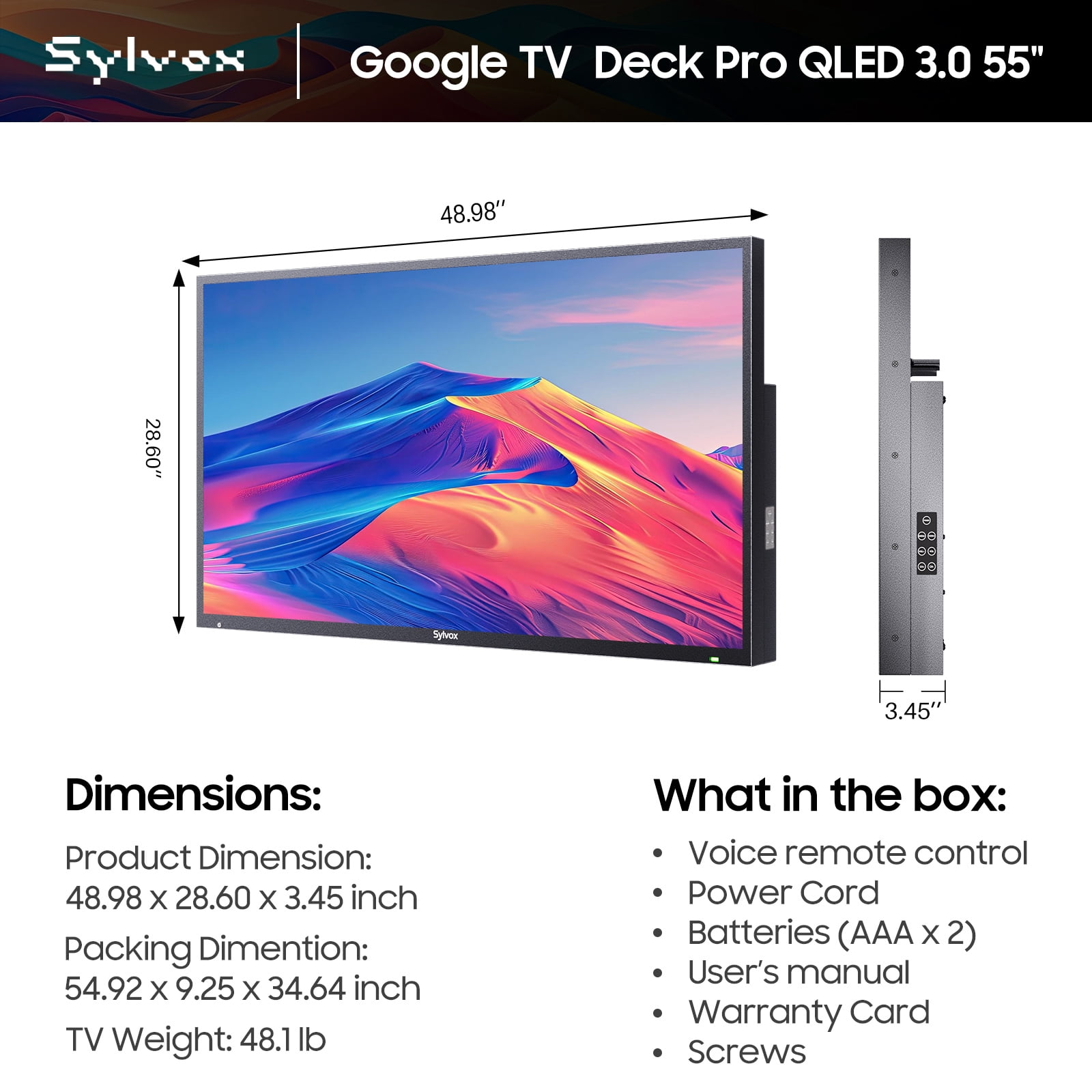 Sylvox 55" QLED Outdoor TV,4K UHD 1000nits Smart Television for Partial Sun,IP55 Weatherproof, Dolby Atmos,Voice Remote,Chromecast,Deck Pro QLED 3.0