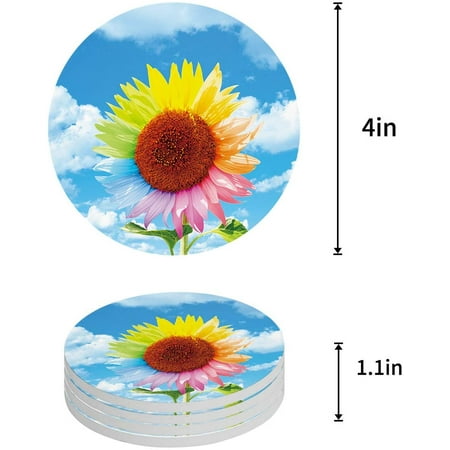 

KXMDXA Colorful Sunflowers Blue Sky and Clouds Set of 4 Round Coaster for Drinks Absorbent Ceramic Stone Coasters Cup Mat with Cork Base for Home Kitchen Room Coffee Table Bar Decor