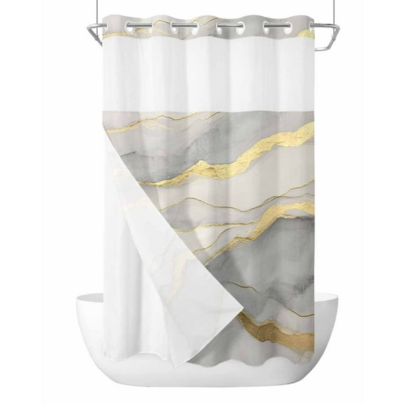 No Hook Cloth Fabric Shower Curtain with Snap in Liner, Marble Grey Waterproof Shower Curtains Set with See Through Top Window, Modern Gold Luxury Neutral Texture Bath Curtains Shower 36"x72"