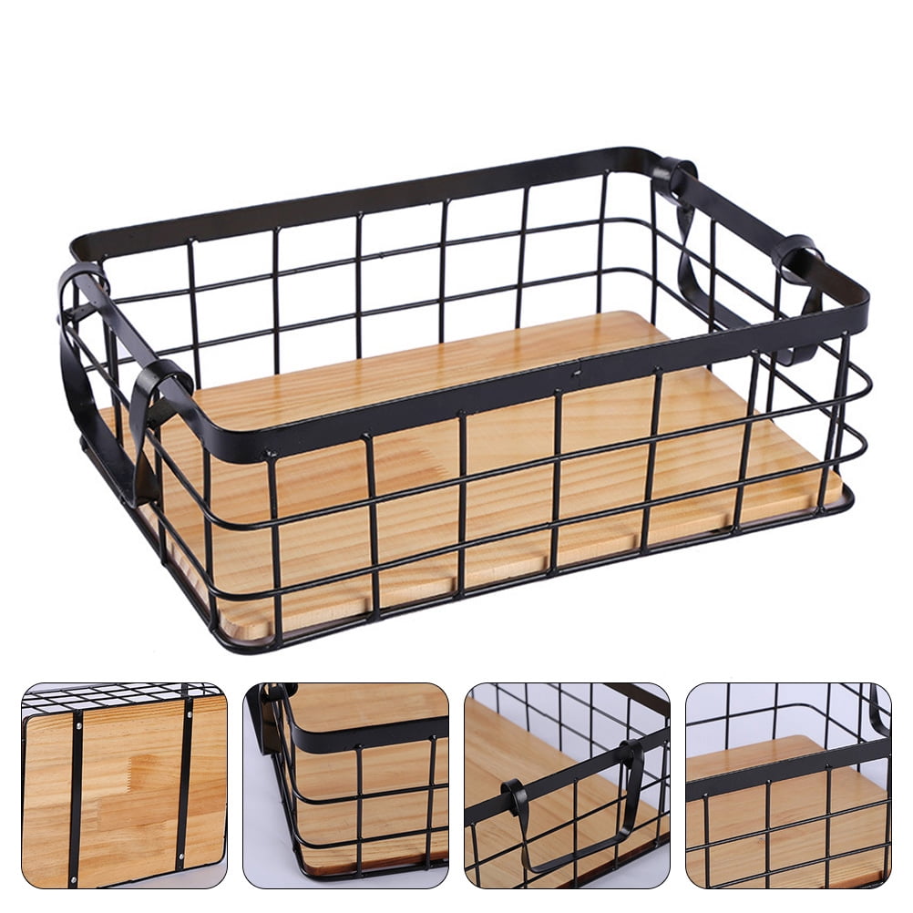 Tineasur 1Pcs Simple Design Storage Basket for Kitchen Black Rectangular Organizing Iron