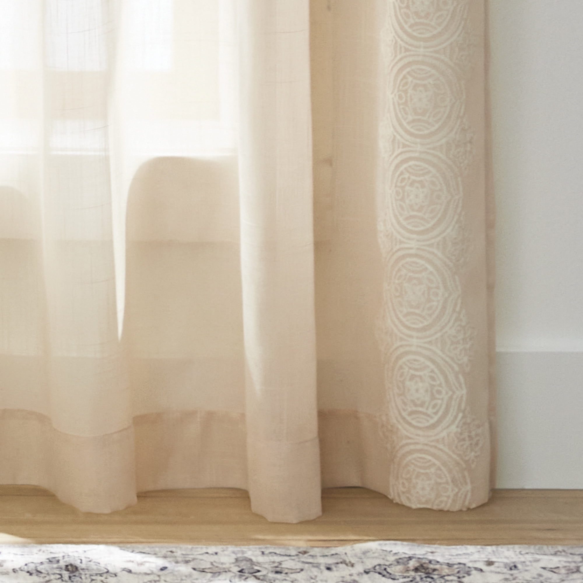 Better Homes & Gardens Embroidered Border Papyrus Beige Light Filtering Pole Top Back Tab Single Curtain Panel, 50" W x 84" L
