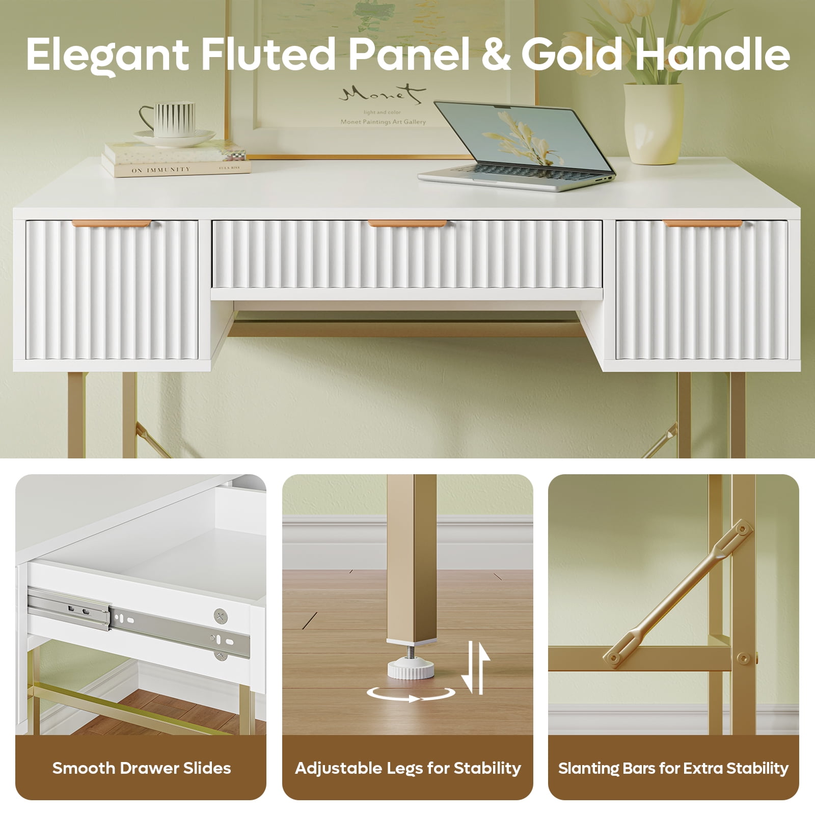 Bestier 47.6" Fluted Vanity Makeup Desk, Big Computer Writing Desk with 3 Drawers, White & Gold