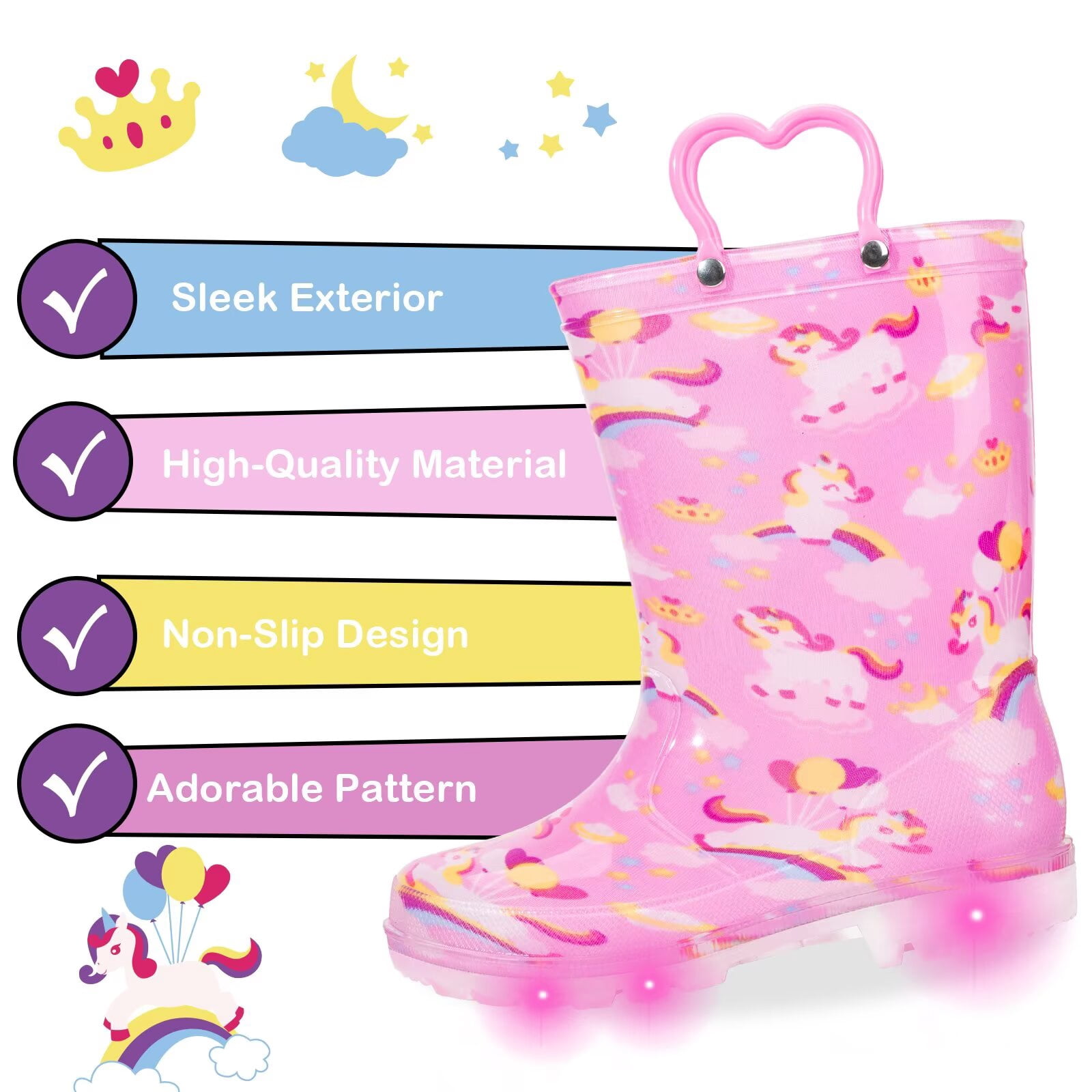 FUNCOO PLUS Toddler Kids Rain Boots Girls Light Up Waterproof Boots with Handles, Pink, Big Kid Size 1